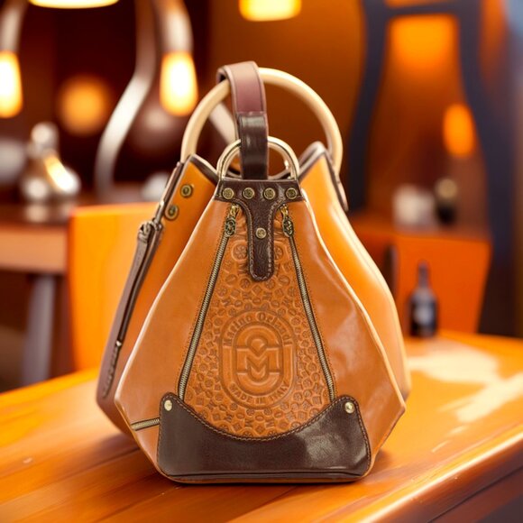 Marino Orlandi Cognac Chocolate Leather Embossed Convertible Sling Backpack - Picture 2 of 10